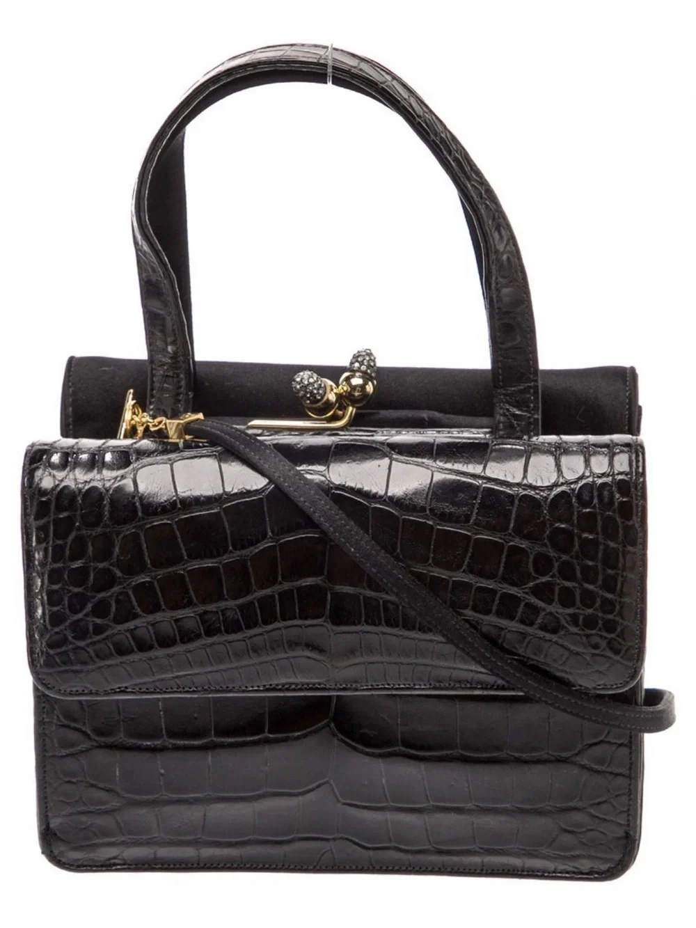 Judith Leiber Black Croc-Embossed Top-Handle Satchel with Gold Accent